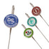 Four metal bookmarks in silver, each featuring a circular top with different coloured logos.
