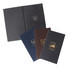 A set of four custom menus in dark brown, navy, and black, featuring a logo and gold accents.