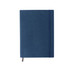 A blue B5 PU cover notebook with an elastic band and a ribbon bookmark, featuring a logo on the front.