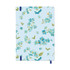A B5 notebook featuring a light blue cover with a floral pattern in shades of blue and green. It has a logo on the cover.