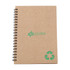A brown spiral-bound notebook featuring a recycling symbol and a logo on the front cover.