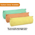 A canvas pencil case in mint green, orange, and yellow with zippers, including a logo on the front.