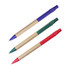 Three Kraft Paper Ball Pens in blue, green, and red, featuring plastic tips and grips. Each pen has a branding logo.