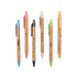 A collection of eco-friendly cork pens in various colours including blue, pink, black, and green, each with branding.
