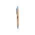 An eco-friendly pen featuring a cork body and a light blue plastic tip and clip. It includes branding on the surface.