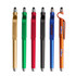 A set of six stylus ball pens in gold, green, red, black, blue, and orange, featuring mobile holders and logos.