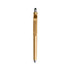 A gold stylus ball pen featuring a mobile holder and a sleek design with chrome accents. Includes a logo.
