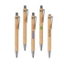 A collection of eco bamboo pens featuring a wooden body and a metallic clip, with various logos displayed.