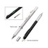 A multi-function pen in silver and black, featuring a twist mechanism and two-bit screwdriver. Includes branding.