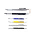 A selection of multi-function metal pens in silver, black, blue, yellow, and grey, featuring varying designs and a logo.