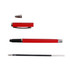 A red aluminium gel pen displayed in separate parts: cap, barrel, nib, and refill. Features a logo on the barrel.