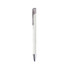 A metallic click pen in white with silver accents, featuring a logo on the clip.