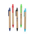 A collection of five plastic pens with kraft paper barrels in blue, black, red, green, and aqua colours, featuring logos.