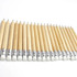 A collection of short grey-lead pencils with silver ferrules and white erasers, arranged in a row on a white background.