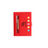 A red sticky notes holder with a pen and colourful sticky flags, featuring a logo on the front.