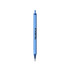 A blue pen featuring a ruler along the barrel and a logo, designed for writing.
