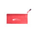 A red zippered pouch with a textured surface and a logo on the front. Ideal for storing toiletries and accessories.