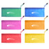 A6 zippered pouch available in green, blue, pink, orange, and yellow, featuring a branding logo on each.