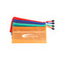 A set of four zippered pouches in orange, green, blue, and red, each with a logo.
