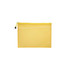 A yellow zippered pouch bag with a textured surface and a drawstring closure. Features a logo on the front.