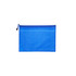 A blue A5 zippered pouch bag with a mesh panel and a drawstring closure. It features a logo.