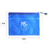 A blue zippered pouch bag with a mesh design, featuring a logo and dimensions of 25cm by 17cm.