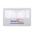 A clear PVC magnifier card with a white frame and a logo in blue and red. Suitable for office use.