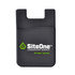 A black moulded wallet featuring a logo, designed to hold a phone and cards. Simple and practical design.
