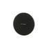 A round, black wireless charger with a smooth surface and a branding logo in the centre.