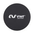 A black wireless charger with a circular design and a logo at the centre.