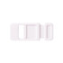 A white sliding webcam cover with a rectangular shape and a sliding mechanism. It features a logo on one side.