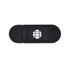A black tablet webcam cover with a sliding design and a logo on the surface.