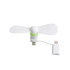 A 2 in 1 smart phone fan in white and green, with connectors for smartphones and a compact design.
