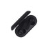 A pair of black wireless earbuds placed inside a sleek, black charging case. The case is slightly open.