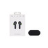 Black true wireless earbuds with a charging case, displayed alongside their packaging. The package features a logo.