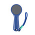 A blue lockable phone pouch with a round design and a wrist strap, featuring a branding logo.