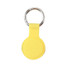 A yellow protective case for an Air Tag, featuring a metal keyring attachment.
