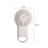 A white mini fan with a keyring attachment and LED light features a circular fan design and a handle.
