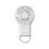 A white mini fan with a carabiner clip and LED light, featuring a circular blade design and a power button.