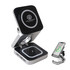 A foldable wireless charger stand in black and silver with a logo, featuring a phone and charging pad.