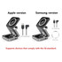 A foldable wireless charger stand in black and silver, compatible with Apple and Samsung devices, featuring a logo.