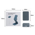 A grey, foldable wireless charger stand is displayed next to its packaging, showcasing dimensions and design.