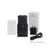A black 3-in-1 power bank charging station with a wireless charger, USB-C cable, and packaging.