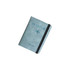 A light blue RFID multifunctional PU leather passport holder with an elastic band and a logo.