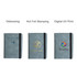 Three grey passport holders displayed, featuring options for debossing, hot foil stamping, and digital UV print.