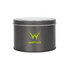 A medium grey tin can with a transparent window, featuring a logo on the side.