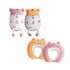 Two plush travel pillows shaped like tigers, featuring orange and pink colours, with a logo on one.