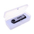 A magnetic plastic case in transparent white, containing a USB drive with a logo.