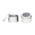 A silver tin can with a foam insert, featuring a clear plastic lid, displayed open and closed.