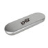 A silver tin with a black foam insert, featuring a logo on the lid, designed for pen packaging.